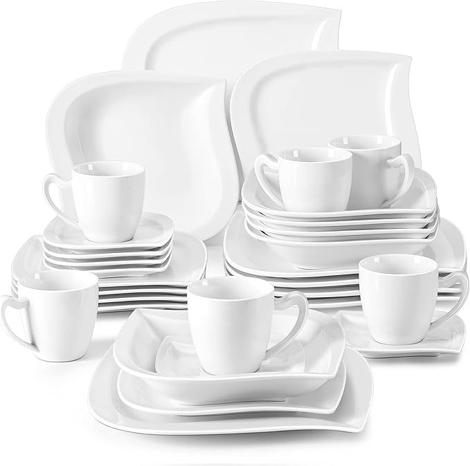MALACASA Ivory White Dinnerware Set, 30-Piece Porcelain Dishes Dinnerware Sets, Dinner Set with Plates and Bowls, Cups and Saucers Set, Dishes Set Tableware, Dinnerware Set for 6, Series Elvira