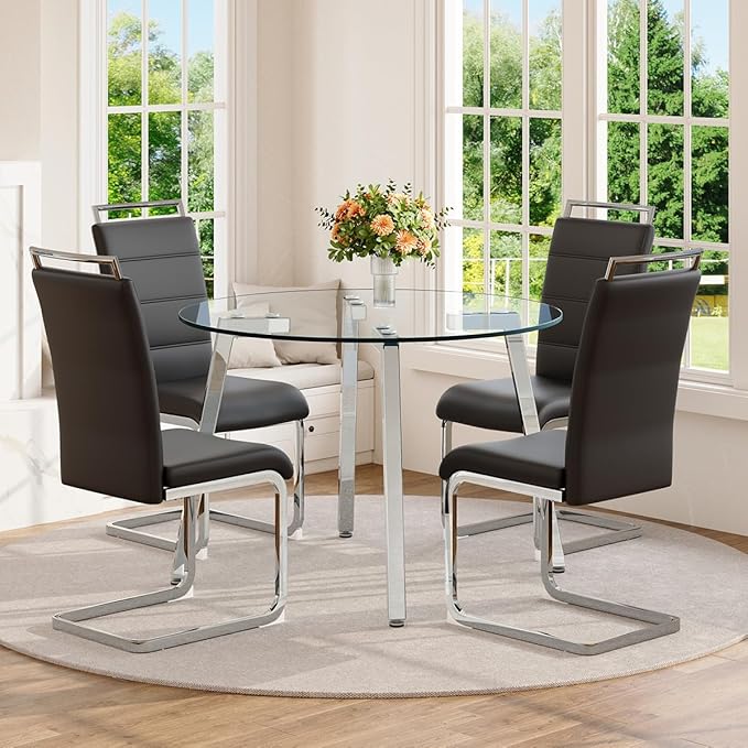 42" Round Glass Dining Table Set for 4,Modern Breakfast Table Set for 4 with Silver Chrome Legs,Space Saving Kitchen Table and Black Chairs for Apartment,Easy Assembly