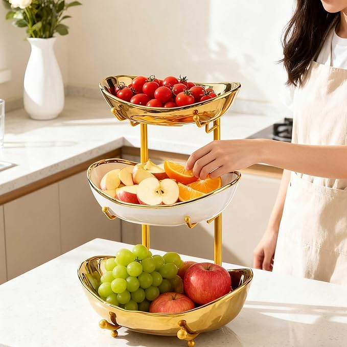 jessie 3 Tier Fruit Bowls for Kitchen Counter,Ceramic Large Fruit Basket Stand,Metal Fruit Serving Tray Snacks Nuts Cake Storage Holder (Gold 2)