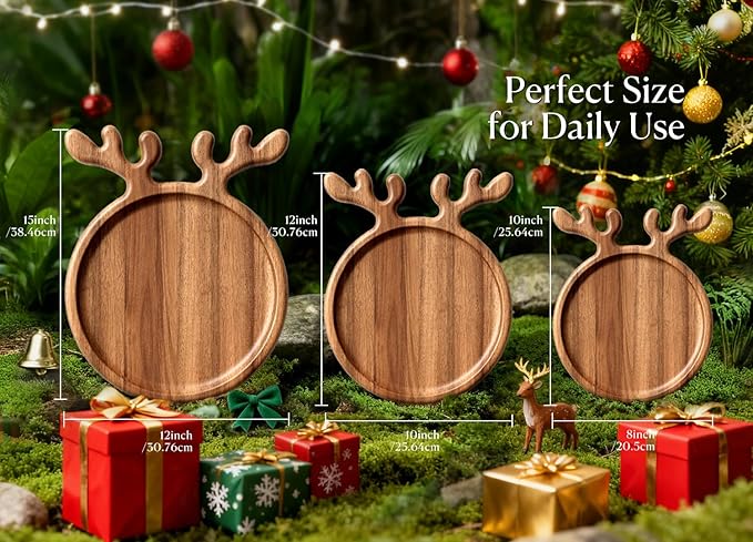 Acacia Antler Christmas Serving Platter, 12" x 15" Round Wooden Food Dish, Serving Dishes Charcuterie Board Tray for Cheese Fruit Bread, Christmas Platter for Housewarming Decro Wedding