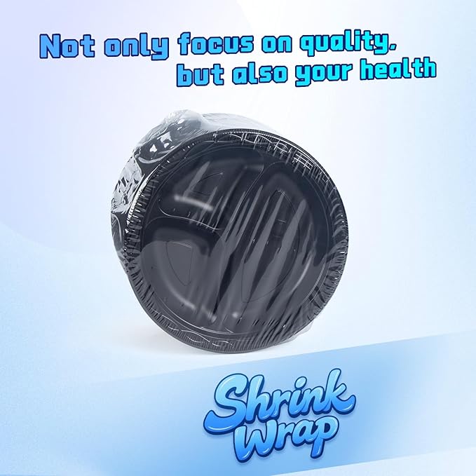 YANGRUI Disposable Plates BPA Free 9 Inch 150 Pack - Shrink Wrap Food Grade Mineral Filled PP | Reusable Microwave Safe Heat-Retention Design | Commercial Restaurant Black 3 Compartment Plastic Plate