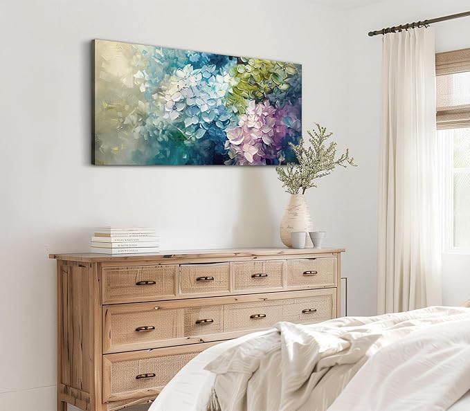 ADJUVANT Wall Art Impressionist Colorful Hydrangea 40" L x 20" W, Vibrant Hydrangea Blooms Canvas Painting Lush Petals Artwork Prints Floral Wall Decor for Living Room Bedroom Dining Room Home Office