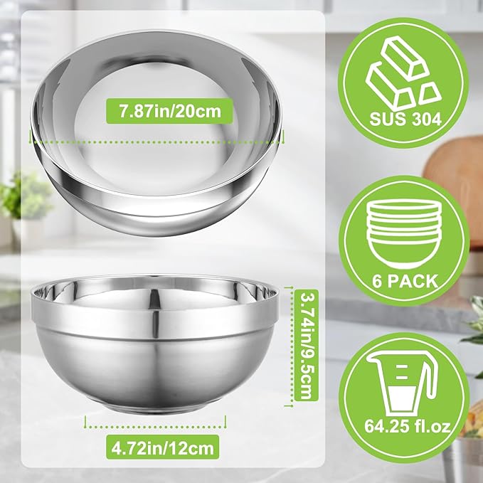 Stainless Steel Bowls, 6 Pack 7.8in 64.2oz 1900ml Large SUS304 Double Wall Insulated Stackable Metal Hot Soup Bowl Containers for Dishes Serving Cereal Snacks Ice Cream Food Rice Salad