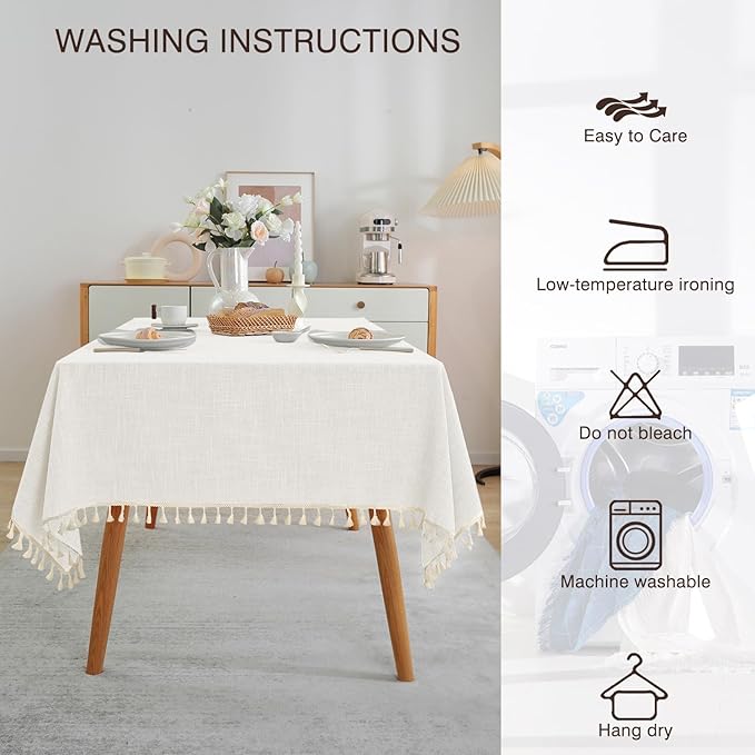 JIALE Textured Tablecloths, Heavy Duty Cotton Linen Farmhouse Table Cloth Rectangle Table, Waterproof Wrinkle-Free Rectangle Tablecloth for Kitchen, Dining, Parties, 55"x120", Ivory