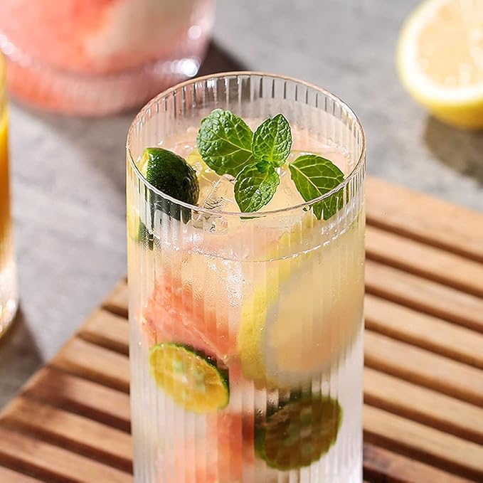 Glass Cups Vintage Glassware Set of 4 Large, Origami Style Transparent Cocktail Glasses Set, Bar Beverages Ice Coffee Cup Juice Ripple Drinkware, Fluted Design