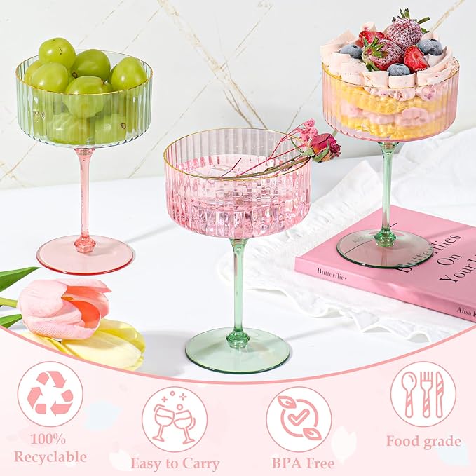 XUWAIDSGN 12 Pcs Champagne Martini Glasses 9 Oz with Gilded Removable Gold Rim Coupe Glasses Pink Martini Glasses Plastic Mimosa Vintage Coupe Glasses Set For Wedding Anniversary (12, Pink & Green)