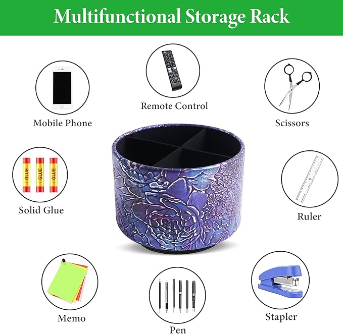 Round Leather Art Supply Organizer,Remote Control Holder,360 Degree Spinning,Multi-Functional Pencil Holder,4 Compartments Desktop Stationary Organizer(1-Rich Flower Purple)