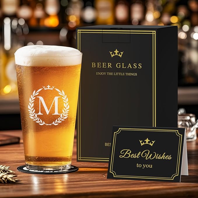 Personalized Beer Glasses Gifts for Men, 16 oz Pint Glasses Monogrammed A-Z Drinking Glass Cups Customized Gift, Unique Christmas Anniversary Birthday Gifts for Men Him Dad Brother Husband Grandpa (M)