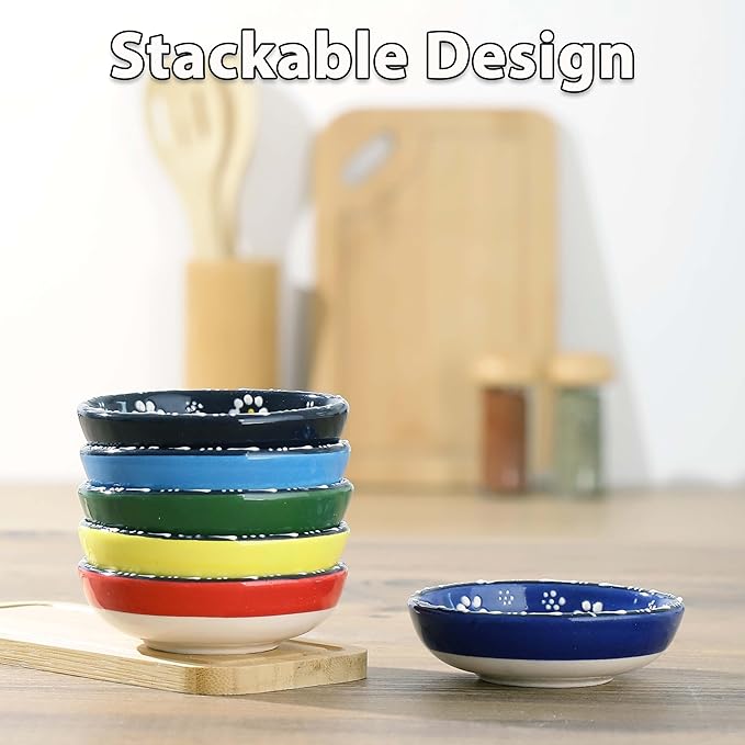 Ceramic Small Dipping Bowls Set of 6, 2.5 Oz Soy Sauce Dish, Handmade Charcuterie, Colorful Pinch, Dishwasher & Microwave Safe Sauce, Mini Bowls