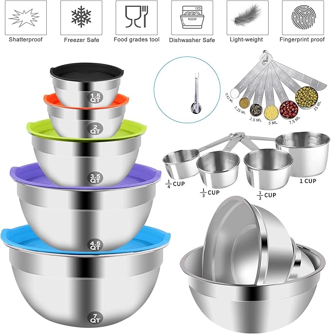 Mixing Bowls with Lid Set, 25PCS Kitchen Utensils Metal Bowl Stainless Steel Nesting Bowls, Measuring Cups and Spoons, Egg Whisk for Baking Prepping Cooking Serving Supplies