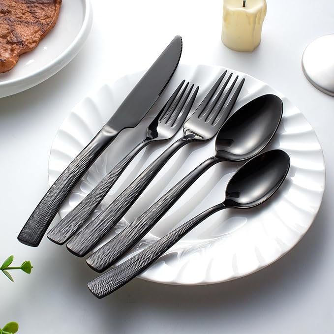 20-Piece Black Silverware Set for 4, CITESANA Heavy Duty Stainless Steel Flatware Set with Ripple Handles, Mirror Polished Kitchen Cutlery Set