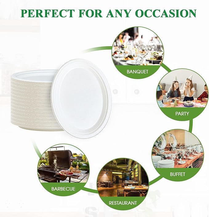 Vplus 100% Compostable Oval Paper Plates 12 inch 125 Pack Super Strong Disposable Paper Plates Bagasse Natural Biodegradable Eco-Friendly Sugarcane for BBQ, Party, Dinner, and Picnic