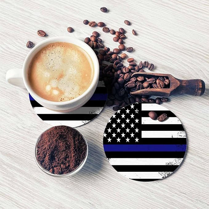 American Flag Coaster Thin Blue Line Support Nation Patriotic Symbol Tabletop Protection for Any Table Type Wood, Granite, Glass, Soapstone, Sandstone, Marble, Stone Tables