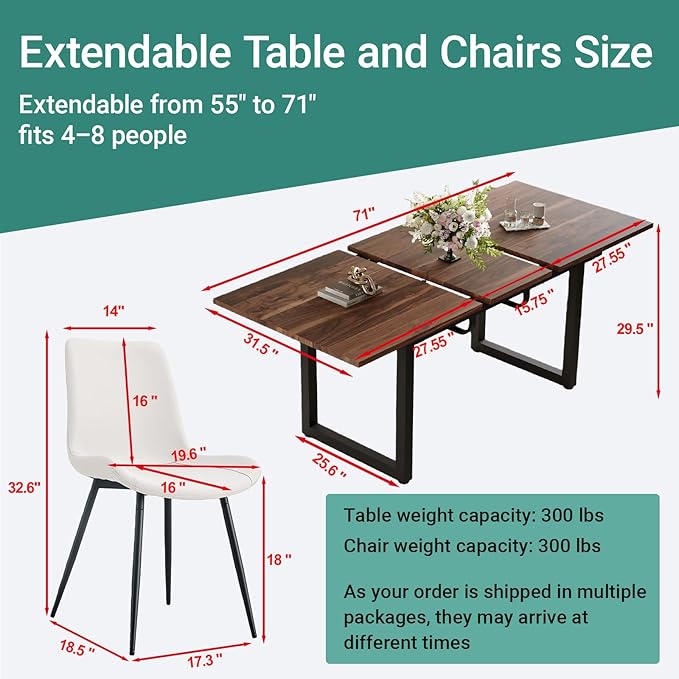 Extendable Dining Table Set for 6, 55"–71" Modern Wood Kitchen Table with 6 Upholstered Chairs, Space-Saving for Living Room Apartment, Sturdy & Comfortable, Easy Assembly