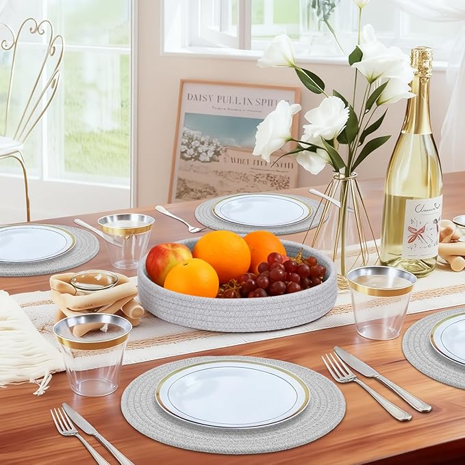 Round Placemats Set of 6 with Holder, Cotton Rope Woven Place Mats, Hot Pads for Kitchen, Heat Resistant Table Mats, 13 Inch Farmhouse Washable Braided Placemat for Kitchen Decor (Gray)