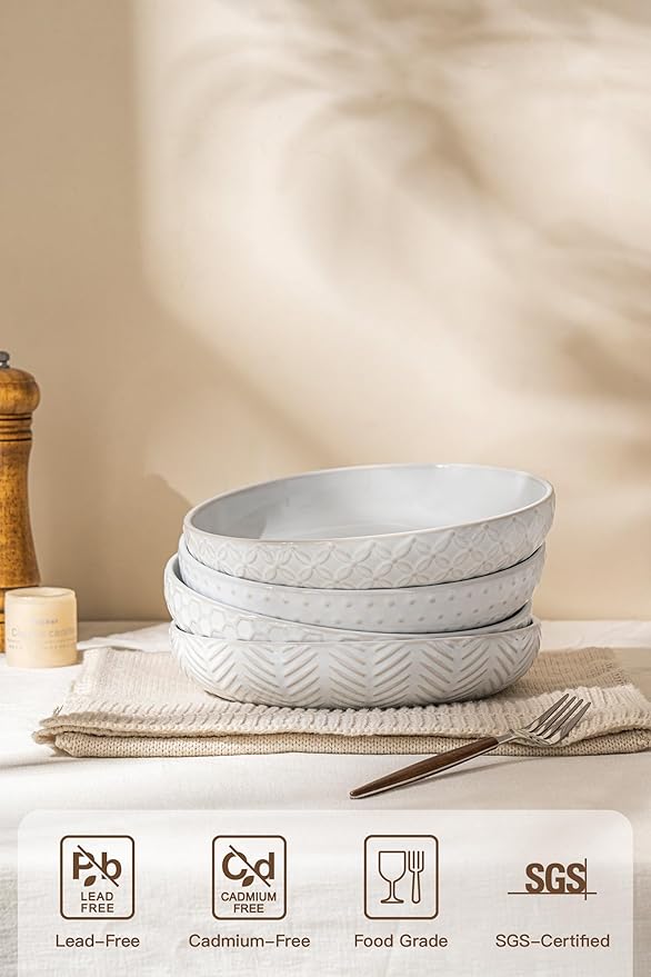 Embossed Ceramic Pasta Bowls Set of 4 – Medium 7.5-Inch, 26oz Serving Bowls for Pasta, Salad, Fruit – Stackable, Microwave & Dishwasher Safe – Great Gift for Housewarming or Everyday Use