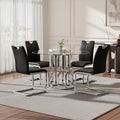 38.9" Round Glass Dining Table Set for 4, Modern 5 Piece Kitchen Table Set with Silver Stainless Steel Base & 4 PU Leather Accent Chairs, Saving Space, Dining Set for Apartment, Home - Black Chair
