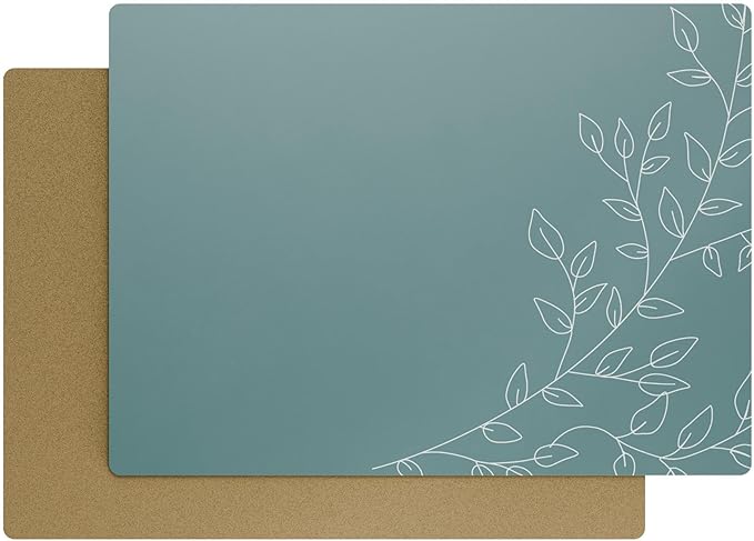 Royalty Art Teal Gray Boho Placemats, 4 Pc. Set, Non-Slip Cork Backed, Wipeable Heat Resistant Surface for Kitchen and Dining Table Protection, Cute Floral Pattern for Farmhouse or Rustic Decor