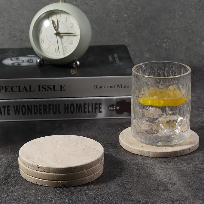 Koville Travertine Coasters, Marble Coaster Set of 4 for Drinks, 4" Round Stone Coasters Set Heat Resistant, Decorative Modern Cup Coaster for Coffee Table Home Bar Decor, Unique Gift Choice(Beige)