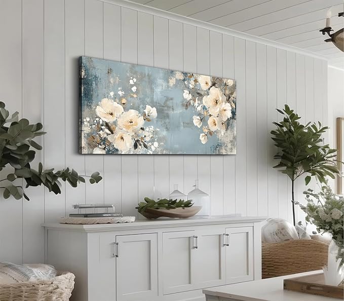 ADJUVANT Wall Art Vintage Floral 40" L x 20" W, Creamy Flowers On Distressed Blue Background Canvas Painting Blossoms Artwork Prints Floral Wall Decor for Living Room Bedroom Dining Room Home Office