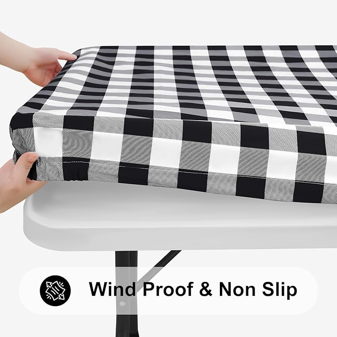 Smiry Rectangle Picnic Table Cloth, Elastic Waterproof Fitted Vinyl Tablecloths, Flannel Backed Buffalo Plaid Table Covers for Dining, Camping, Outdoor (Black and White, 36" x 48")