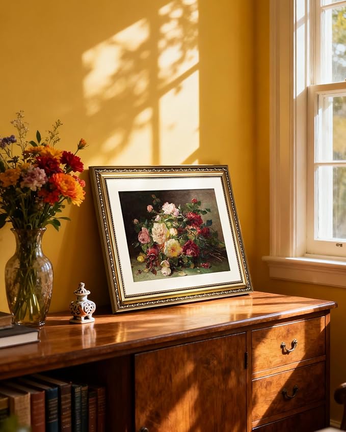 InSimSea Gold Framed Wall Art, Living Room Vintage Rose Bouquet Wall Shelf Decor, Flowers Canvas Print Art, Home Bedroom Farmhouse Decor, Antique Paintings with Picture Frame 13x16inch