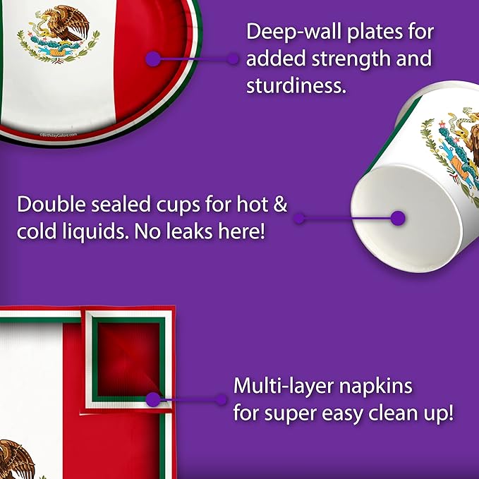 Mexico Flag Birthday Party Supplies Set Plates Napkins Cups Tableware Kit for 16
