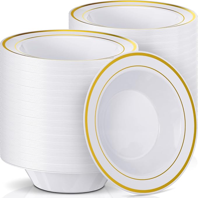 Jinei 150 Pieces 6 oz Plastic Bowls with Rim Small Disposable Soup Bowls for Dessert Salad Soup Candy Wedding Thanksgiving Catering Holidays Party Supplies (White,Gold Rim)