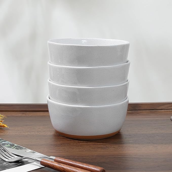 Cereal Bowls Set of 4,Ceramic Bowls for Kitchen,6 Inch Stoneware Bowls, Round Porcelain Pasta Bowl,Dishwasher&Microwave Safe,White(Brown Bottom)