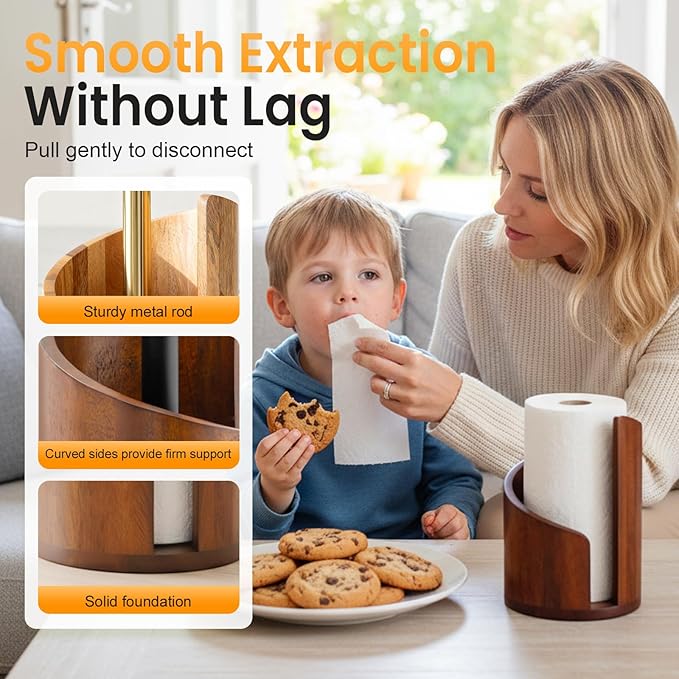 Mountain Paper Towel Holder Countertop, 2026 Upgrade 100% Natural Mango Wood Round Base and Iron Holder, Wooden Paper Towel Holder for Kitchen Roll Organize Dining Table Home Decor (Black)