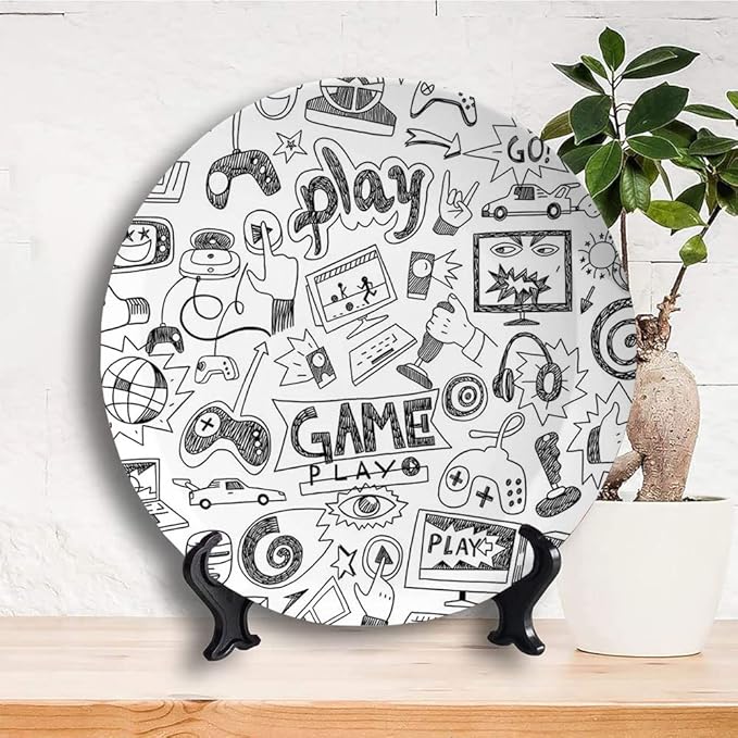 Ceramic Plates, Video Games Decorative Ceramic Plates, Monochrome Sketch Style Gaming Design Racing, 7 Inch, for Dining, Parties, Wedding, White Black