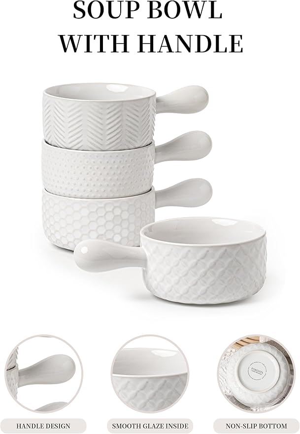 20oz Ceramic Soup Bowls with Handle, Set of 4,Textured Embossed Stoneware for Chili, Stew, Cereal,Microwave & Dishwasher Safe, Rustic Dinner Bowls for Home Kitchen