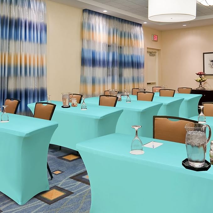 Fitted Stretch Table Cover for 6 foot Rectangle Tables-6 Pack Aqua Blue Spandex Tablecloth-Elastic Folding Tablecloths for Party, Vendor Booth Display, Banquet Buffet Event, Craft Trade Show