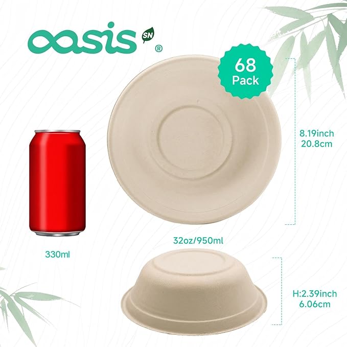 𝟯𝟮 𝗼𝘇, 𝟲𝟴-𝗣𝗮𝗰𝗸 Compostable Paper Bowls, Heavy-Duty Biodegradable Disposable Bowls Made from Bagasse, Eco-Friendly, Microwave & Freezer Safe (Natural)