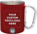Custom Stainless Steel Mugs with Carabiner Handle 10 oz. Set of 10, Personalized Bulk Pack - Perfect for Coffee, Soda, Other Hot & Cold Beverages - Red