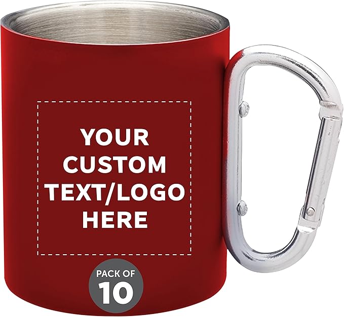 Custom Stainless Steel Mugs with Carabiner Handle 10 oz. Set of 10, Personalized Bulk Pack - Perfect for Coffee, Soda, Other Hot & Cold Beverages - Red