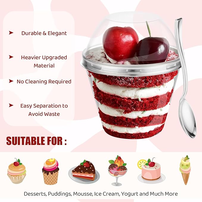Jinei 50 Sets 9 oz Silver Plastic Dessert Cups with Dome Lids Spoons Rimmed Clear Disposable Plastic Fruit Cups with Lids for Yogurt Parfait Pudding Cupcake Ice Cream Party Wedding Reception