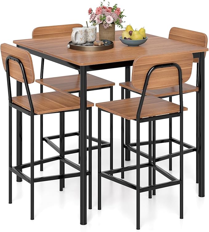 Giantex 5-Piece Dining Table Set W/Counter Height Table & 4 Bar Stools, Industrial Kitchen Dining Table Set W/Footrest & Backrest, Space-Saving Dinette Set for Pub, Dining Room, Restaurant (Teak)