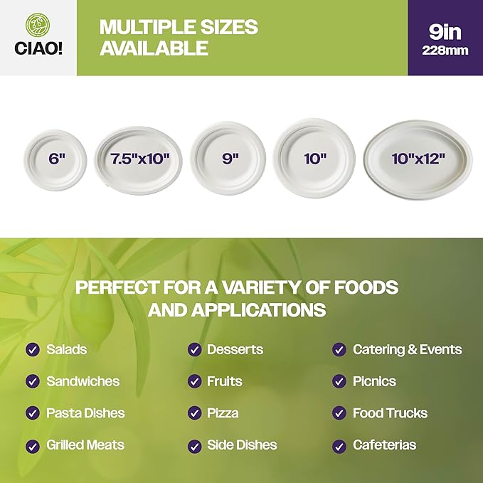 CIAO! 9" Heavy Duty Plate 100% Compostable PFAS Free Unbleached Bagasse Natural White (Pack of 500)