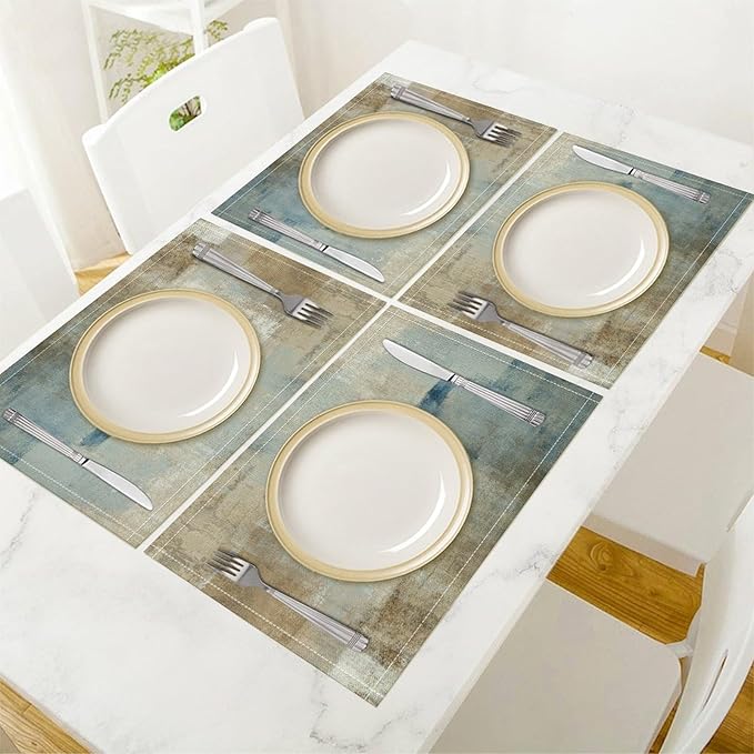 Gradient Placemat Set, Modern Minimal Fashion Abstract Beige Brown Blue Art Oil Painting Brush Strokes Patchwork Pattern Home Decor Linen Table Mats for Dining Room Kitchen Party (17x12in) x2P