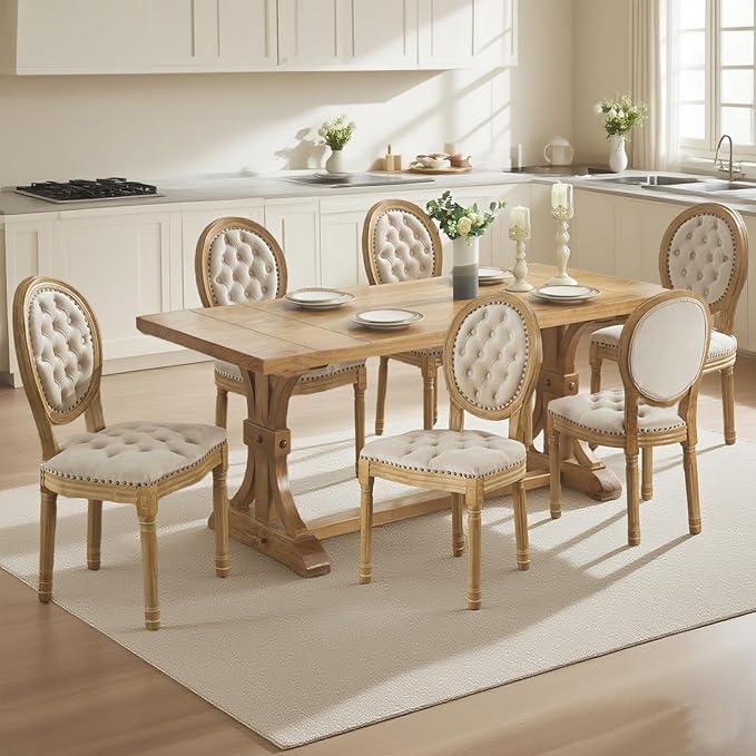 SoarFlash French Velvet Dining Chairs Set of 4, Vantage Dining Chair with Round Back, Wood Leg Farmhouse Country Dining Chair for Kitchen,Bedroom,Beige