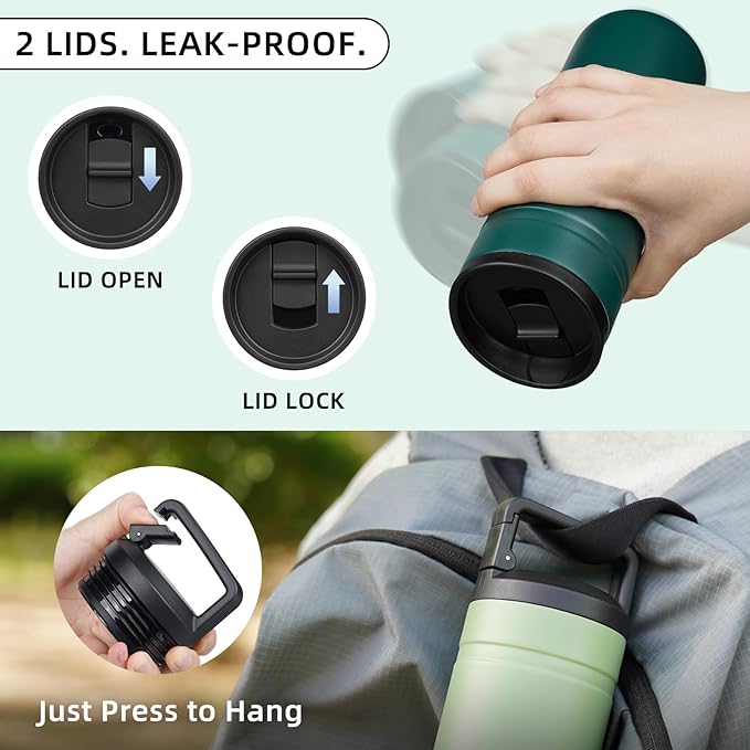 BJPKPK Insulated Water Bottle with 2 Lids,20 oz Double Wall Stainless Steel Vacuum Tumbler Travel Coffee Mug,Wide Mouth Thermal Cup,Dark Green