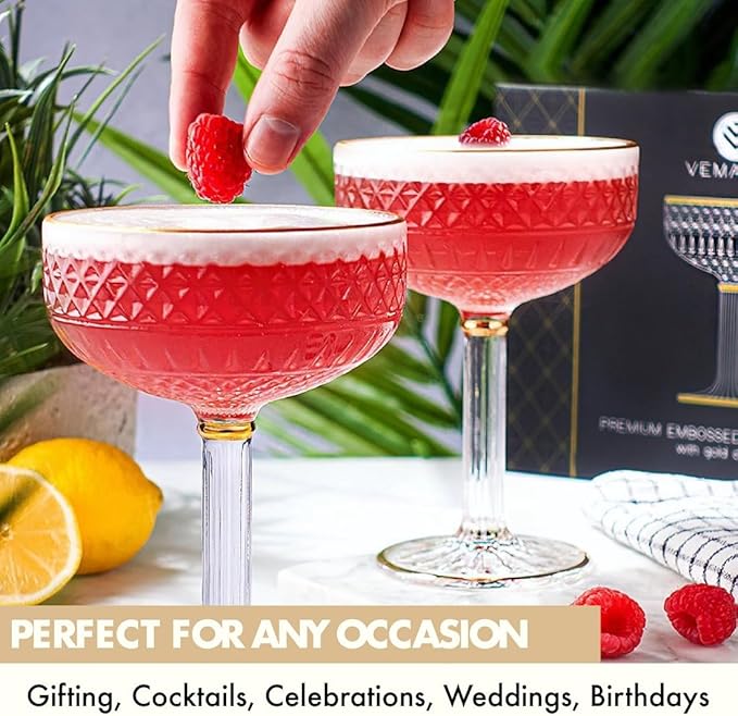 VEMACITY - Embossed Espresso Martini Glasses Set of 2 (10oz) - Gold Rim Coupe Glasses for Cocktails, Champagne & Margaritas - Vintage Art Deco Design | Ideal for Martinis and Margaritas