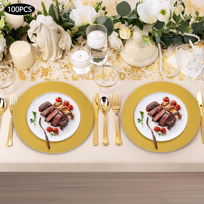 100 Pcs Antique Charger Plates Bulk, 13in Reusable Serving Plates Embossed Rim Plastic Party Dinner Plate Chargers Round Decorative Server Plate for Wedding Party Event Tableware