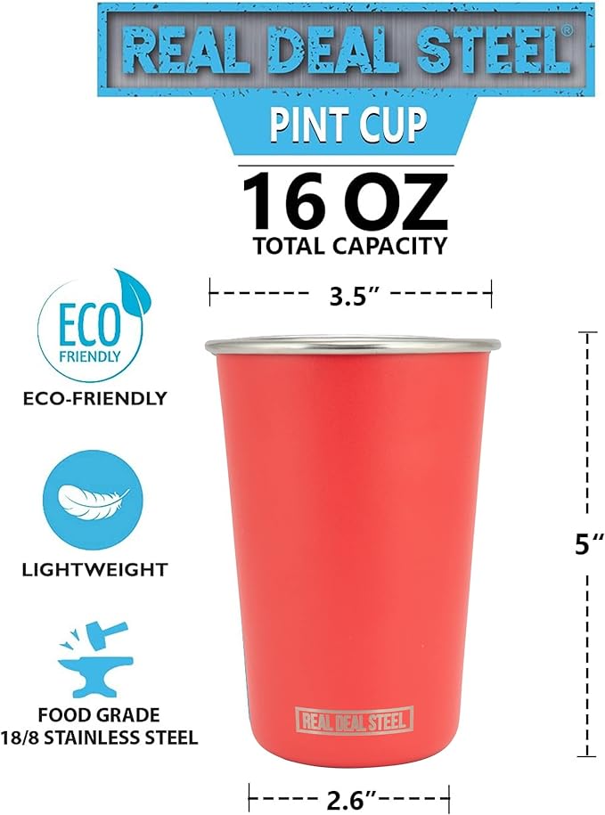 Real Deal Steel Rainbow Cups 16 oz Pint Cups, Stackable Tumblerrs, Eco Friendly Premium Metal Drinking Glasses