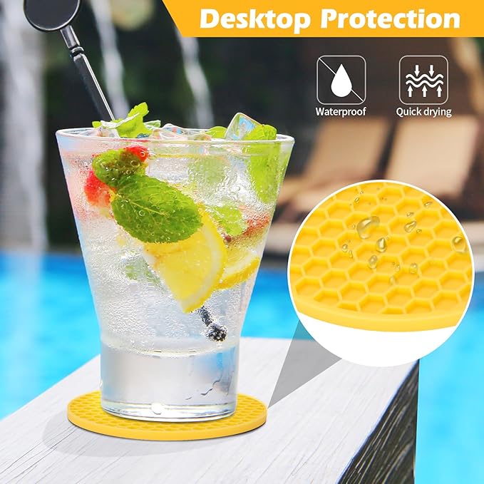 Silicone Coasters Set of 8 with Holder, Drinks Coasters, Beer & Coffee, Suitable for All Cups, Hot or Cold, Anti-Slip, Non-Stick, Anti-Overflow Tabletop Protection and Decor (8 Pcs, Yellow)