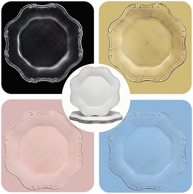 White Charger Plates Set of 6, Decorative Table Plastic Chargers for Dinner Plates, Party, Wedding, Thanksgiving, Christmas， JX11W