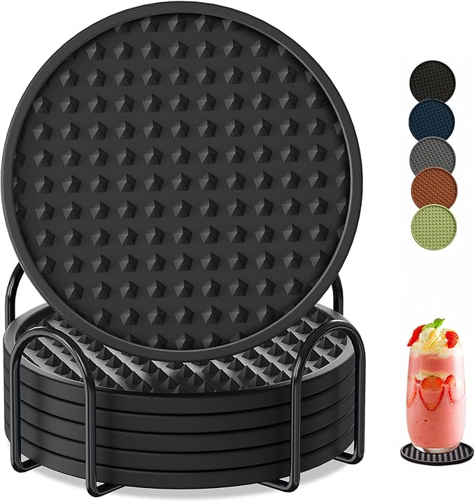 Coasters for Drinks 6 Pack Drinking Coaster with Holder,Heat Resistant Silicone Cup Mat Tabletop Protection,Non-Slip Rubber Coasters for Kinds of Cups (Black)