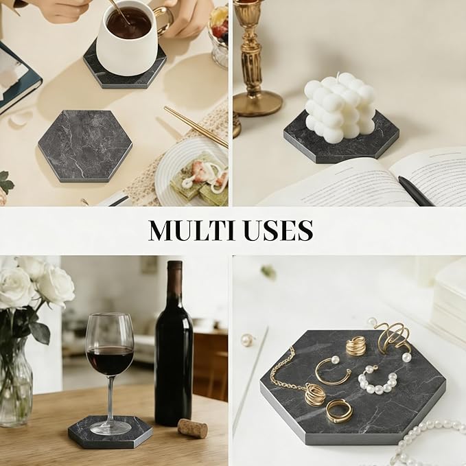 Natural Marble Coasters, Hexagonal Costers, Luxury Aesthetic Modern Decor for Coffee Table Bar Kitchen Home, Grey Marble, Real Natural Semi Absorbent Stone Coasters