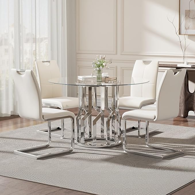 38.9" Round Glass Dining Table Set for 4, Modern 5 Piece Kitchen Table Set with Silver Stainless Steel Base & 4 PU Leather Accent Chairs, Saving Space, Dining Set for Apartment, Home - White Chair